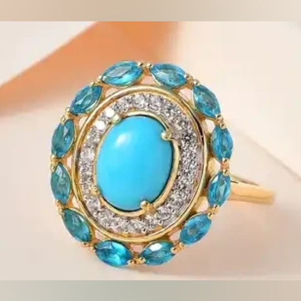 Premium Sleeping Beauty Turquoise, Neon Apatite & White Zircon Ring - Picture 2 of 5
